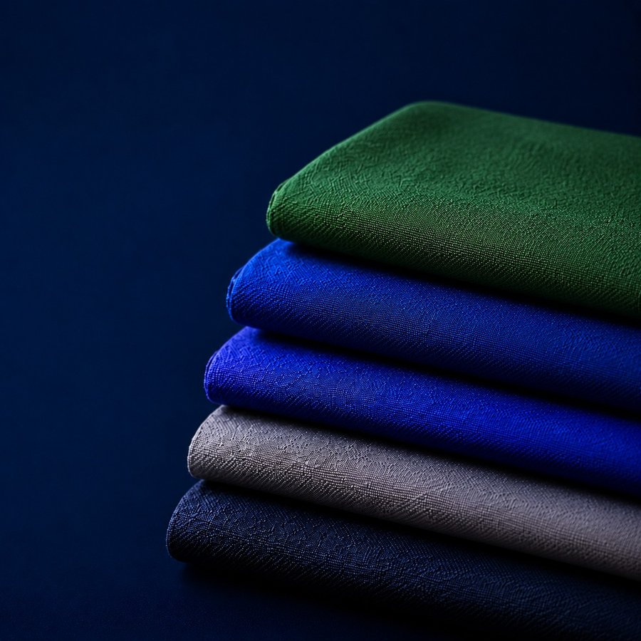 Tecidos em brim e sarja para uniformes profissionais, dobrados em diversas cores
